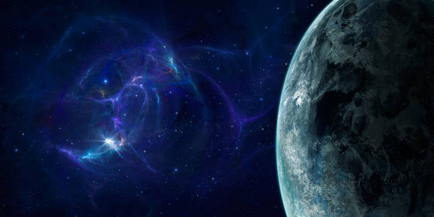 istock Space background. Planet in colorful fractal blue nebula. 1456325345