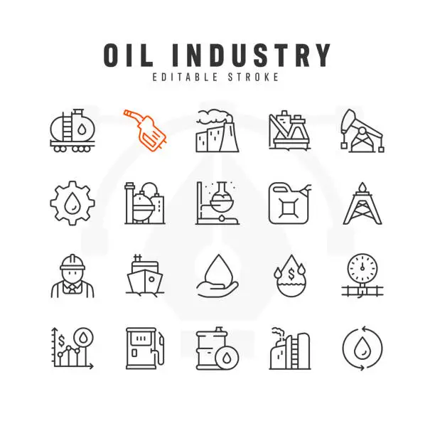 Vector illustration of Oil Industry Line Icon Set. Editable Stroke. Pixel Perfect.