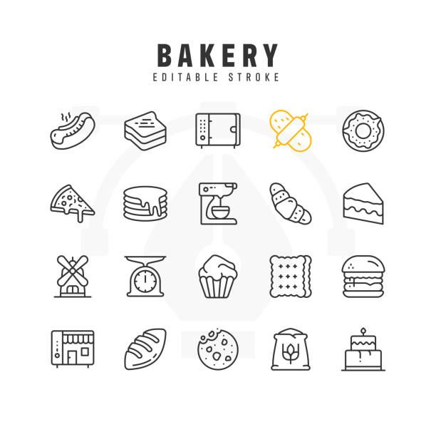 ilustrações, clipart, desenhos animados e ícones de conjunto de ícones da linha de padaria. golpe editável. pixel perfeito. - breakfast baguette