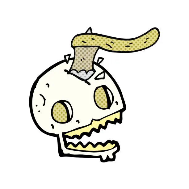 Vector illustration of freehand drawn cartoon axe in skull