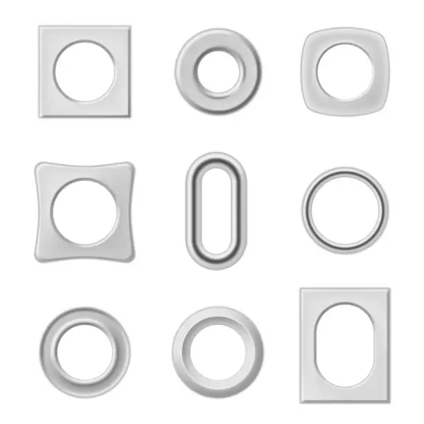 Vector illustration of Metal eyelets and grommets circle square oval shape set realistic vector illustration
