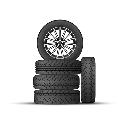 Tires with alloy rims for cars stack automobile garage repair service realistic vector illustration. Transportation wheel rubber protector technology detail automotive accessory repair turning element