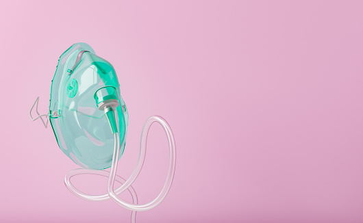 3D illustration of medical oxygen mask with tube made of plastic against pink background