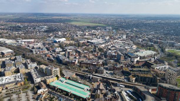 チェルムズフォード市内中心部エセックス英国ドローン、空中、空からの眺め、鳥瞰図、 - essex ストックフォトと画像