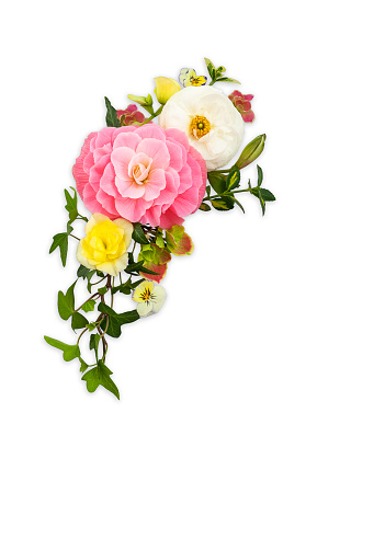 Flower spring arrangement on white background. Bouquet of roses, ranunculus, violets and hydrangea.