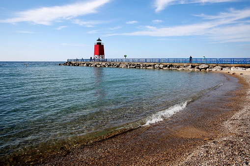 Charlevoix South Pier Light Station at Michigan Beach Park in the small town of Charlevoix, Michigan