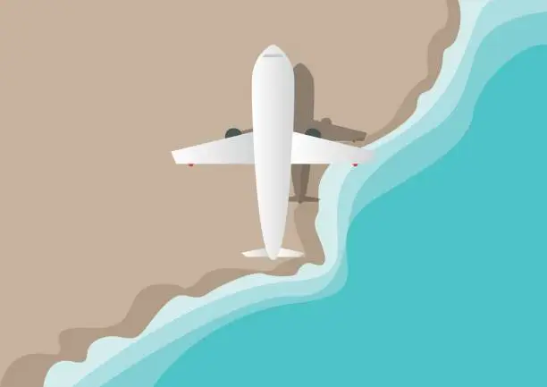 Vector illustration of Airplane flying over empty beach