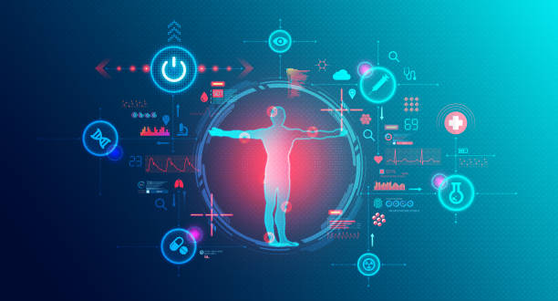 HealthTech - Conceptual Illustration HealthTech - Use of Novel Technology in the Healthcare Industry to Improve Patient Care and Clinical Outcomes - Conceptual Illustration biosensor stock illustrations