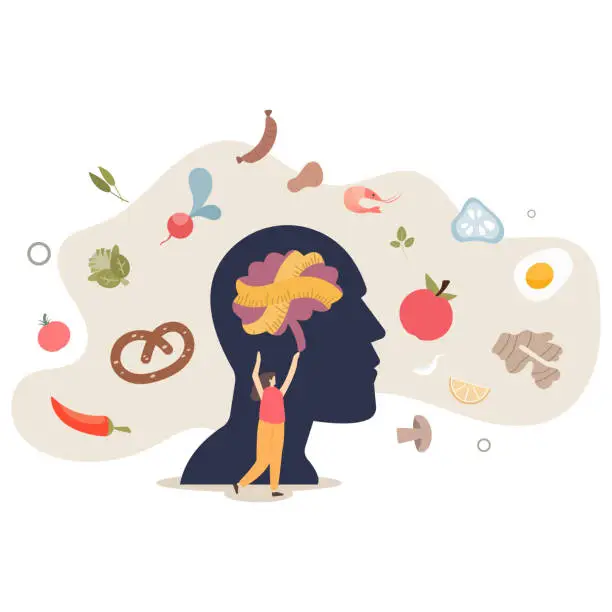 Vector illustration of Eating disorders as psychological unhealthy diet illness .Excessive weight control and food limitation.Addiction to slimming, dieting and mental guilty feeling.flat vector illustration.