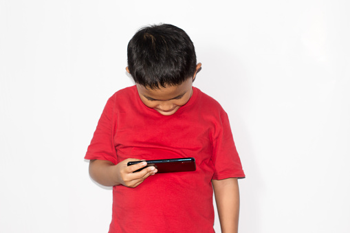 boy using phone with isolated white background