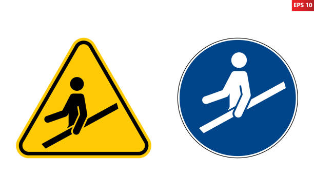 Use handrail sign. Use handrail sign. Vector illustration of signs with human holding handrail icon inside. Caution stairs, escalators and moving walkways. Railing must be use. Warning and mandatory symbol. people walking down stairs stock illustrations