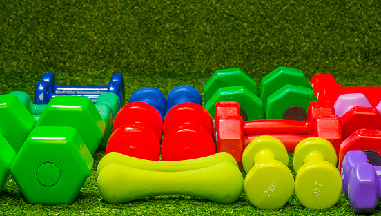 multi-colored dumbbells on a background of green grass
