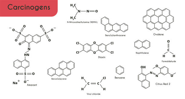 Carcinogens. Chemical structural formulas. Carcinogens. Chemical structural formulas. Naphthalene, benzene, amaranth E 123, citrus red E 121, nitrosamine, benzanthracene, benziprene, ovalene, vinyl chloride, formaldehyde, dioxin persistent organic pollutants stock illustrations