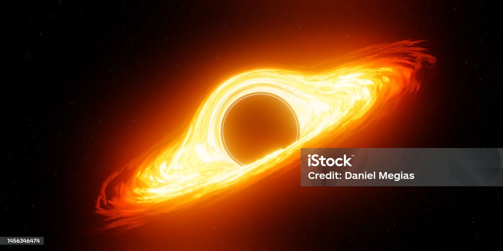 Black hole and a disk of glowing plasma. 3d render Black hole and a disk of glowing plasma. Supermassive singularity in outer space. 3d render Black Hole - Space Stock Photo