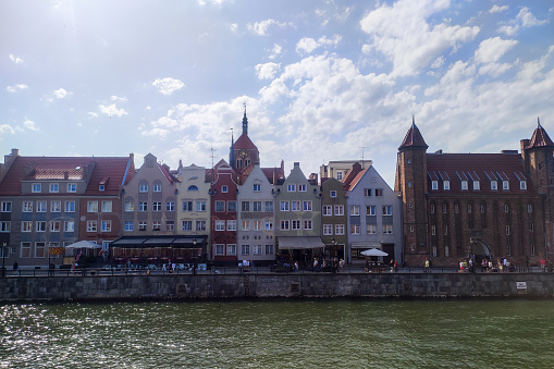 Gdansk Poland, July 19, 2022: View of old town Gdansk. Beautiful morning on the Motlava River. Gdansk view, travel destination in Poland