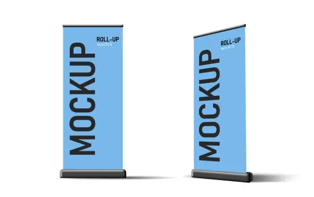 Vector illustration of Roll up Realistic 3D vertical banner stand template design.