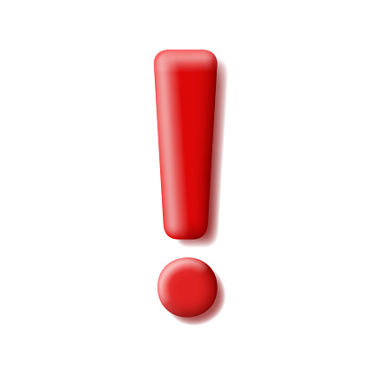 Realistic red exclamation mark 3d on white background. Vector illustration