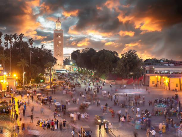 Marrakech, Morocco  April 29, 2019: Jamaa el Fna market square, Marrakesh, Morocco, north Africa.