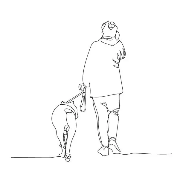 Vector illustration of Woman with dog walking and talking on the phone. Lineart style.