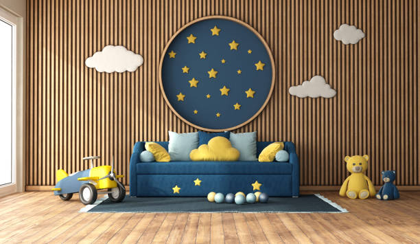 Child room with wall wood cladding panels and sofa bed Blue sofa bed in a child room with cladding wood panels, decorative circle and stars on blue wall - 3d render sofa bed stock pictures, royalty-free photos & images