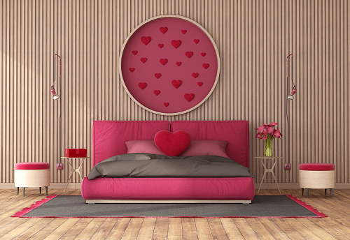 Romantic suite for Valentine's Day with double bed in viva magenta color,hearts and wooden panesl -3d render