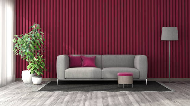 istock Living room with viva magenta cladding panels 1456350468