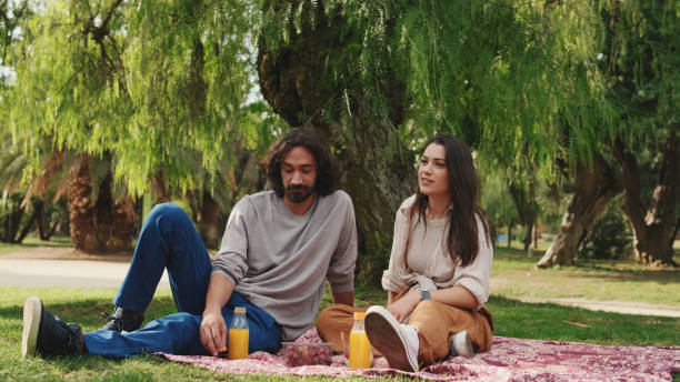 istock Laughing couple enjoying drinks at picnic in the park 1456352483