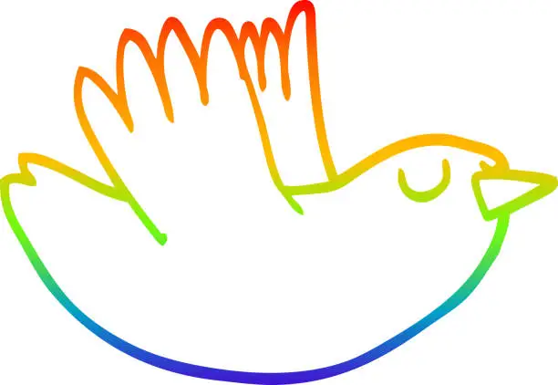 Vector illustration of rainbow gradient line drawing of a cartoon flying bird