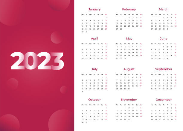 wektorowy kalendarz miesięczny 2023 z kolorem roku 2023 viva magenta - viva magenta stock illustrations