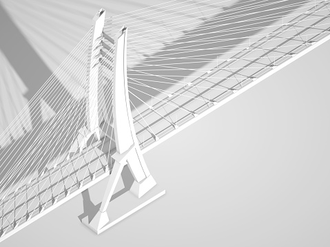 Suspension bridge bird eye view, white digital model, 3d rendering illustration