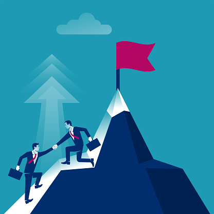 Teamwork concept. Two businessmen together rise on mountain with flag. Give help hand. Collaboration concept. Vector flat design. Isolated on background. Business people work together to achieve goal