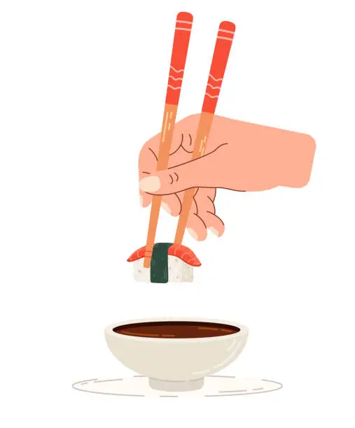 Vector illustration of Dip sushi in soy sauce. Chinese chopsticks in hand.