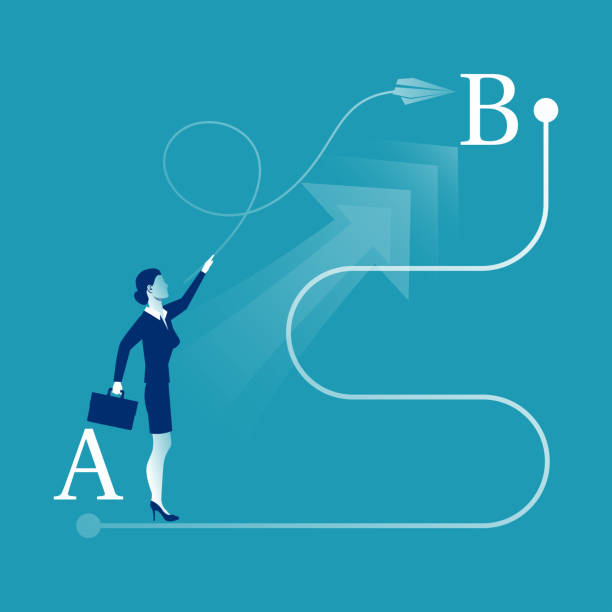 istock Businesswoman in suit standing in front of line between points A and B. 1456355093