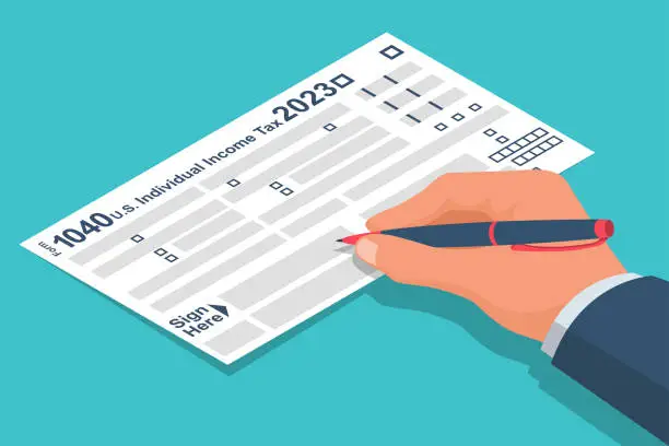 Vector illustration of Businessman Fills US Tax Form 2023. Data analysis, paperwork