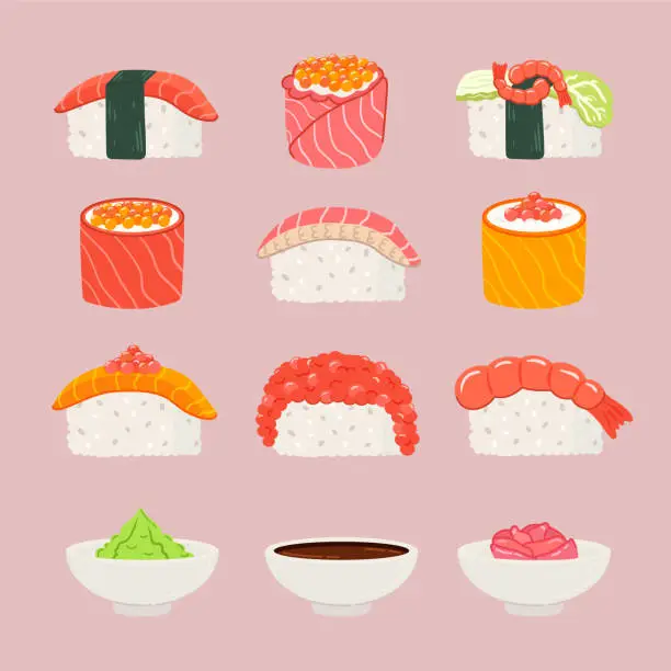 Vector illustration of Set of different sushi with soy sauce, wasabi and ginger.