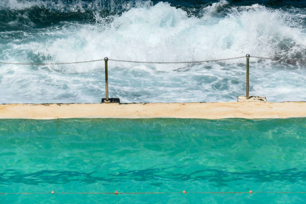 The edge closest to the Pacific Ocean of the Bondi Icebergs Ocean Swimming Pool on New Year's Day 2023 at Bondi Beach, Sydney.  This image was taken from a public walkway above the pool on an afternoon in summer.