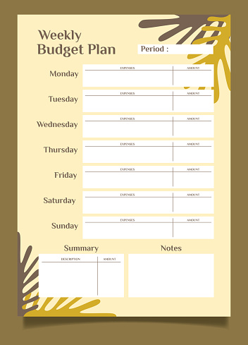 Budget planner floral style weekly planner design template. Ready to print A4 Size