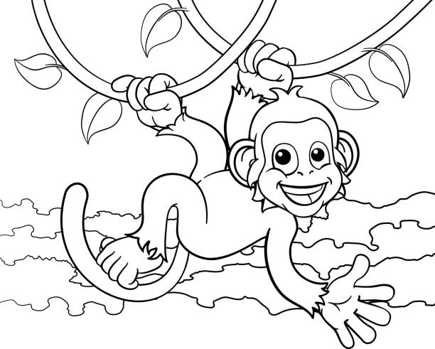 ilustrações de stock, clip art, desenhos animados e ícones de monkey singing on jungle vines waving cartoon - animal cartoon zoo safari