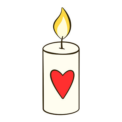 Candle with heart-shaped sticker. Cartoon flat icon. Vector illustration. Isolated on white background