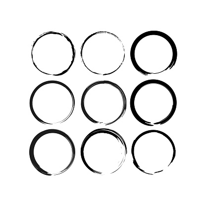 Brush circles in line art style. Round frame set. Grunge texture. Vector illustration. stock image. EPS 10.