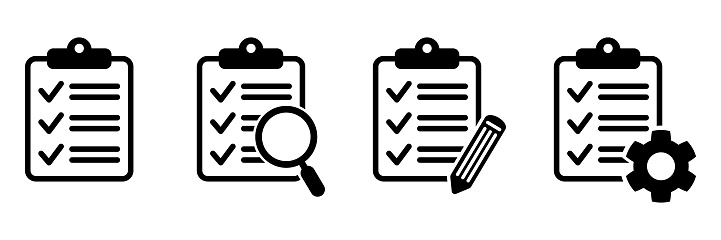 Clipboard icon. Checklist with gear, magnifier and pencil. Vector illustration.