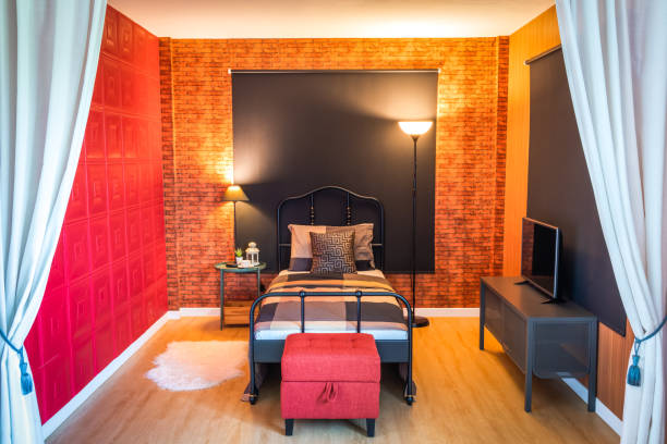 Wide angle photo of acid’s bedroom with modern furniture