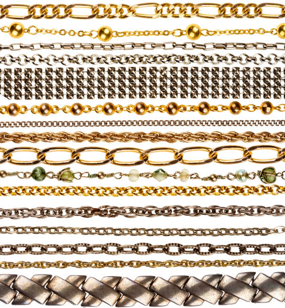 Set of various jewelry chains isolated on white background, each one shot separately