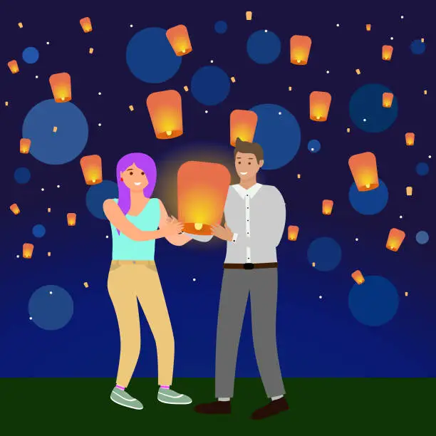 Vector illustration of Heterosexual couple of white people on a date at the Sky Lantern Festival