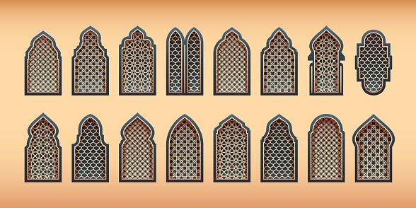 Ornamental arabic windows. Traditional islamic arch silhouettes with oriental arabesque motif pattern, vintage decorative architecture frame. Vector islamic muslim ornament illustration