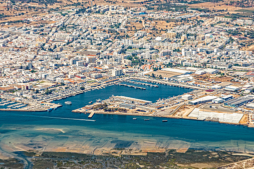 aerial of town of Faro with harbor, Portugal