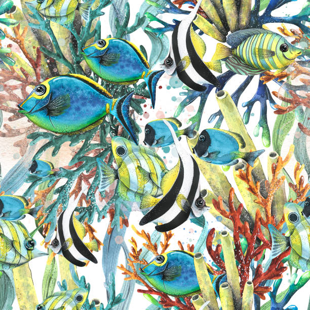 istock Bright, tropical fish, corals, sea sponges. Watercolor illustration. Seamless pattern. For decoration and fabric design. textiles, wallpaper, wrapping paper, beach and summer clothes, accessories. 1456375667