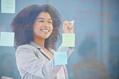 istock Creative worker, sticky note or business woman planning, writing on glass wall or working on company strategy, innovation or schedule, Happy startup employee for marketing or advertising SEO agenda 1456377301