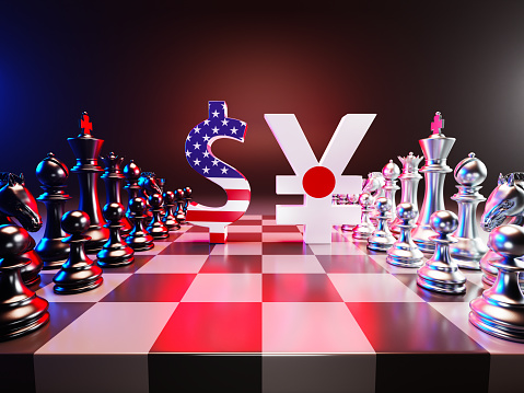 Dollar Sign and japanese Yen Sign Chess Concept