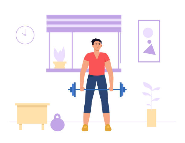 Home exercises. Male character exercising with barbell in living room. Active man athlete lifting weight Home exercises. Male character exercising with barbell in living room. Active man athlete lifting weight. Cartoon strong young person in sportswear having healthy physical activity vector cartoon muscular man lifting heavy weights stock illustrations